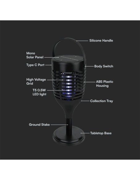 Zanzariera elettrica con pannello solare, 2W, ricarica USB tipo C, nero - V-TAC VT-3215 23459