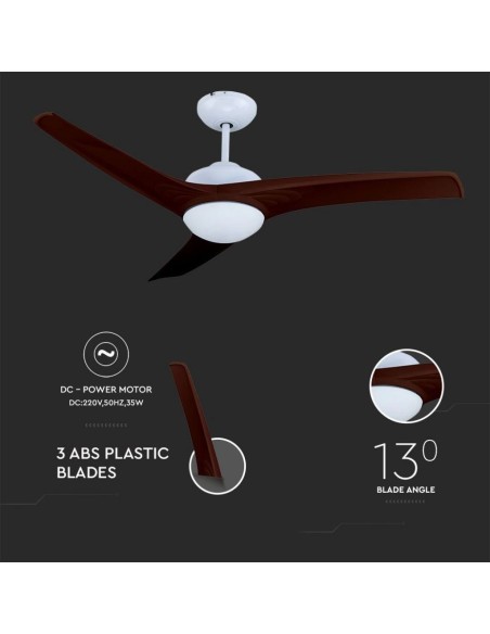 Ventilateur de plafond avec lumière, 15W, 5 vitesses, diamètre 132cm, avec télécommande - V-TAC VT-6055-3 7920