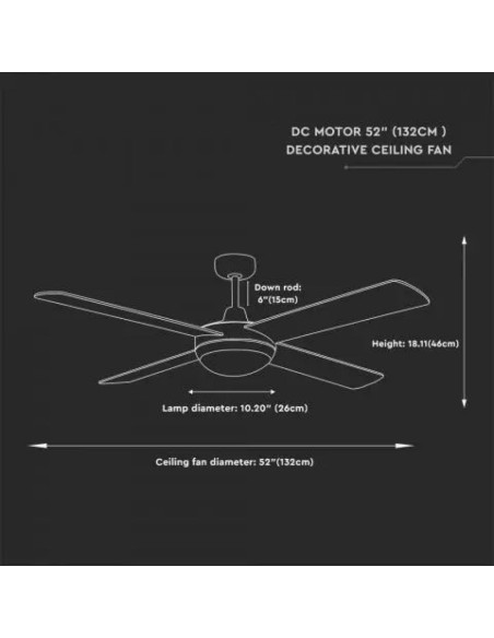 Ventilateur de plafond avec lumière (2xE27), 60W, 5 vitesses, diamètre 132cm, avec télécommande - V-TAC VT-6054-4 7918