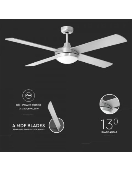 Ventilateur de plafond avec lumière (2xE27), 60W, 5 vitesses, diamètre 132cm, avec télécommande - V-TAC VT-6054-4 7918