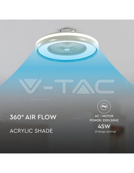 Ventilador de techo con luz, 45W, 5 velocidades, 60cm, gris con anillo azul, con mando a distancia - V-TAC VT-5022 217934