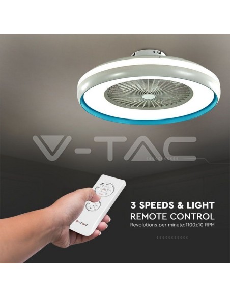 Ventilatore da soffitto con luce, 45W, 5 velocità, diametro 60cm, grigio con anello blu, con telecomando - V-TAC VT-5022 217934