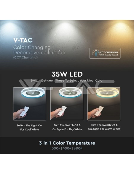 Ventilatore da soffitto con luce, 45W, 5 velocità, diametro 60cm, grigio con anello blu, con telecomando - V-TAC VT-5022 217934