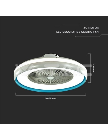 Ventilador de techo con luz, 45W, 5 velocidades, 60cm, gris con anillo azul, con mando a distancia - V-TAC VT-5022 217934