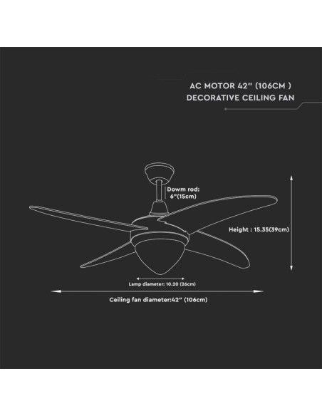 Ventilateur de plafond avec lumière, 60W, 3 vitesses, diamètre 106cm, avec télécommande - V-TAC VT-6043-4 7915