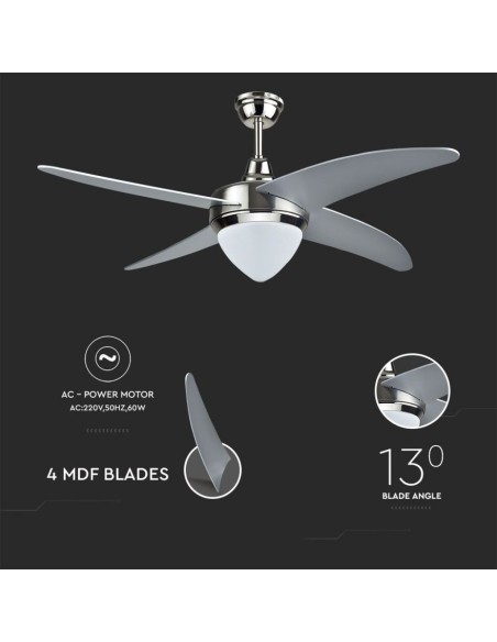 Ventilador de techo con luz, 60W, 3 velocidades, diámetro 106cm, con mando a distancia - V-TAC VT-6043-4 7915