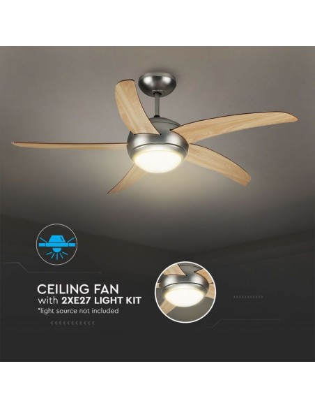 Ventilatore da soffitto con luce (2xE27), 60W, 3 velocità, diametro 132cm, con telecomando - V-TAC VT-6053-5 7916