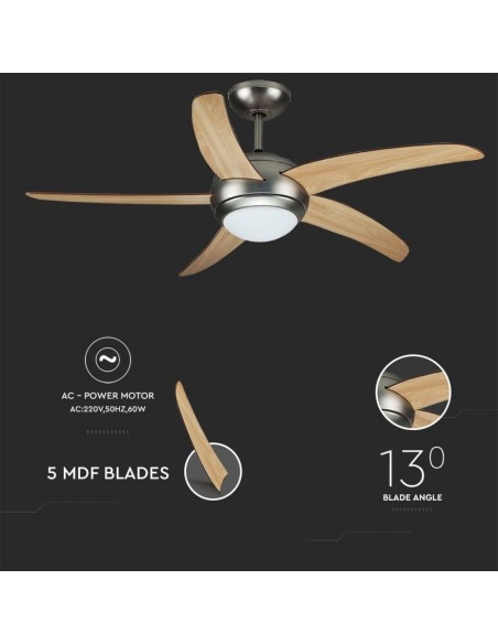Ventilador de techo con luz (2xE27), 60W, 3 velocidades, diámetro 132cm, con mando a distancia - V-TAC VT-6053-5 7916