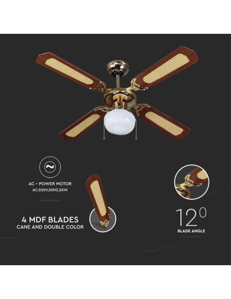 Ventilatore da soffitto con luce (1xE27), 50W, 3 velocità, diametro 106cm - V-TAC VT-6042-4 7914