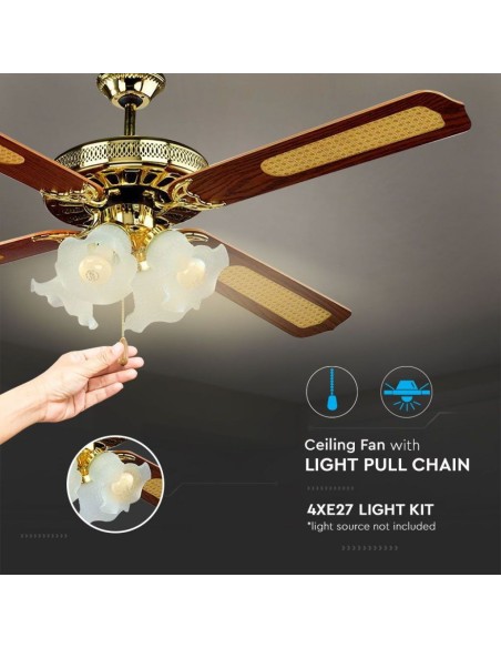 Deckenventilator mit Licht (4xE27), 55W, 3 Geschwindigkeiten, Durchmesser 132cm - V-TAC VT-6053-5 7916