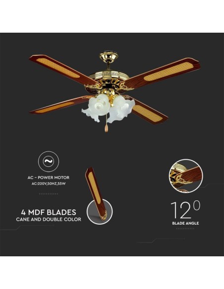 Ventilatore da soffitto con luce (4xE27), 55W, 3 velocità, diametro 132cm - V-TAC VT-6053-5 7916