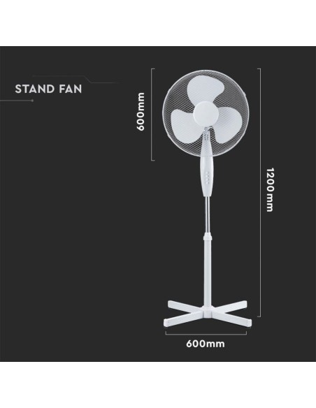 Ventilador de pedestal, 40W, 3 velocidades, función oscilante, diámetro 40cm, altura 120cm - V-TAC VT-4016-3 7922