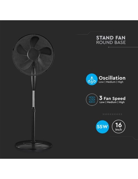 Ventilateur sur pied, 55W, 3 vitesses, fonction oscillante, diamètre 43cm, hauteur 120cm, noir - V-TAC VT-5016-5 7923