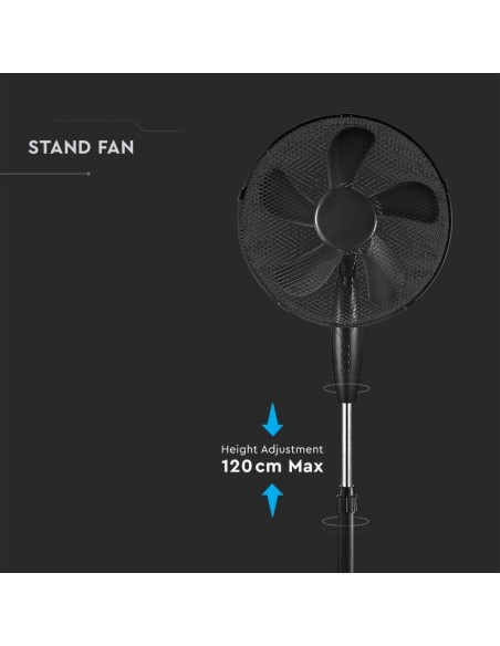 Pedestal fan, 55W, 3 speeds, oscillating function, diameter 43cm, height 120cm, black - V-TAC VT-5016-5 7923