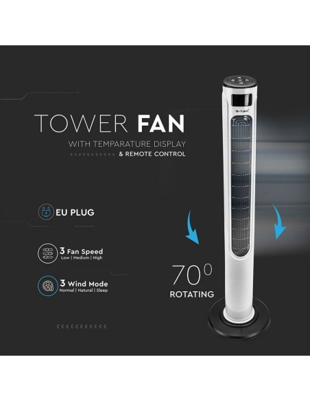 Ventilateur sur pied, 55W, 3 vitesses, fonction oscillante, hauteur 115cm, avec écran et télécommande - V-TAC VT-5547 7902