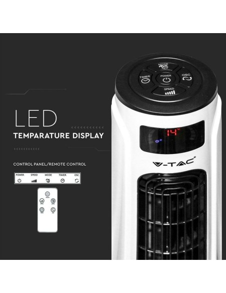 Staande ventilator, 55W, 3 snelheden, oscillerende functie, 115cm, met display en met afstandsbediening - V-TAC VT-5547 7902