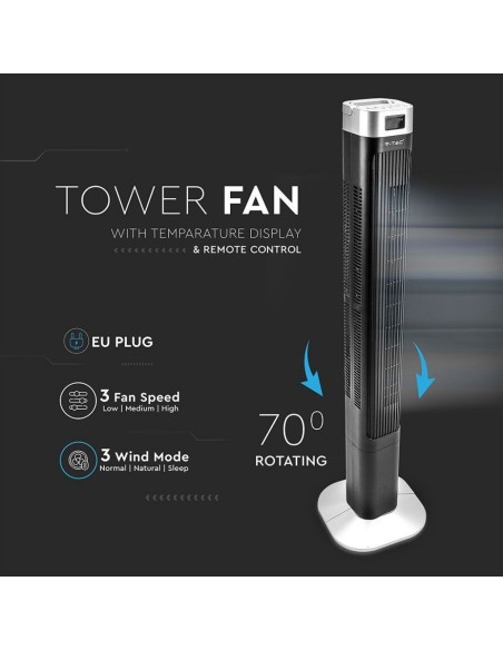 Pedestal fan, 55W, 3 speeds, oscillating function, 115cm, with display and with remote control, black - V-TAC VT-5546 7901