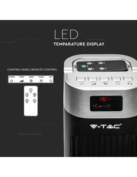 Ventilatore a colonna, 55W, 3 velocita, funzione oscillante, 115cm, con display e con telecomando, nero - V-TAC VT-5546 7901