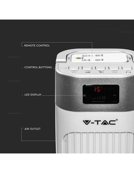 Staande ventilator, 55W, 3 snelheden, oscillerende functie, 92cm, met display en met afstandsbediening - V-TAC VT-5536 7900