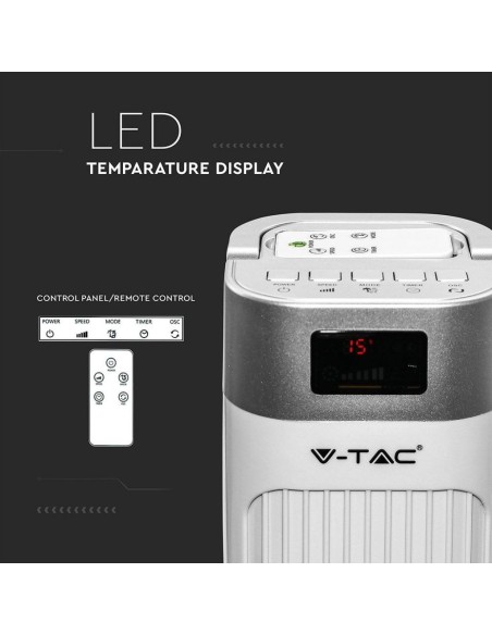 Standventilator, 55W, 3 Geschwindigkeiten, oszillierende Funktion, 92cm, mit Display und mit Fernbedienung - V-TAC VT-5536 7900