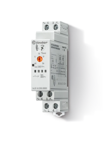 Staircase light timer, 8 functions, adjustment 30 seconds ~ 20 minutes, 16A, 1 NO contact, series 14 - FInder 14.01.8.230.0000