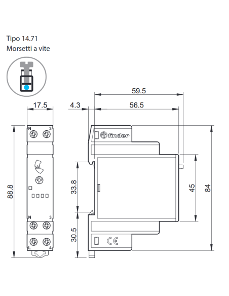 Temporizzatore per luce scale, 3 funzioni, regolazione 30 s ~ 20 min, 16A, 1 contatto NO, serie 14 - Finder 14.71.8.230.0000