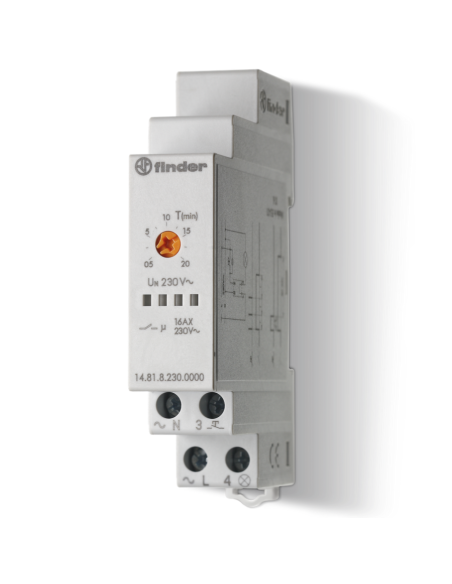 Temporizzatore per luce scale, 1 funzione, regolazione 30 s ~ 20 min, 16A, 1 contatto NO, serie 14 - Finder 14.81.8.230.0000