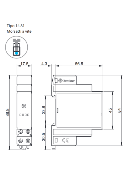 Staircase light timer, 1 function, adjustment 30 seconds ~ 20 minutes, 16A, 1 NO contact, series 14 - Finder 14.81.8.230.0000