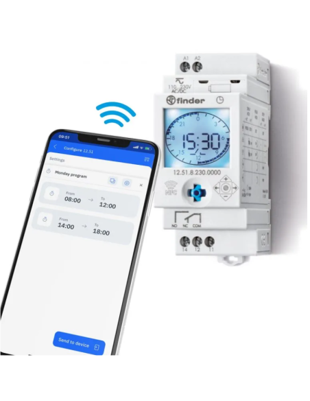 NFC-Digitalschaltuhr, täglich/wöchentlich, 30 Min Intervall, 1 Wechselkontakt, 16A, 230Vac, Serie 12 - Finder 12.51.8.230.0000