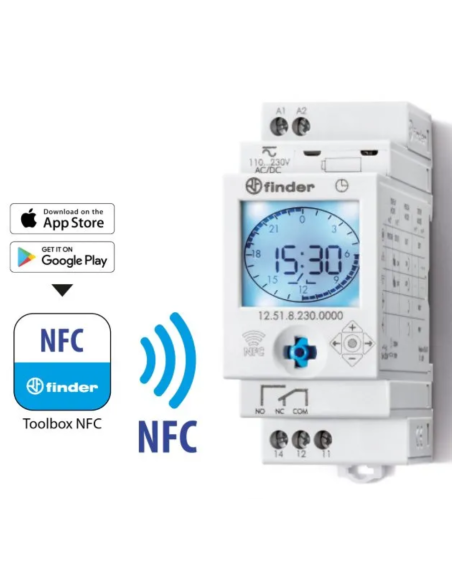 Interruptor horario digital NFC, diario/semanal, intervalo 30 min, 1 contacto conmutado, 16A, 230Vac  - Finder 12.51.8.230.0000