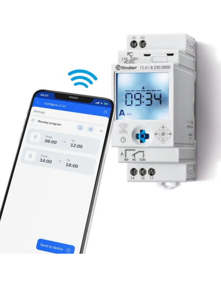 NFC-Digitalschaltuhr, wöchentlich, 1-Minuten-Intervall, 1 Wechselkontakt, 16A, 230Vac, Serie 12 - Finder 12.61.8.230.0000
