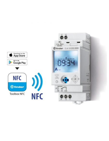 NFC digital time switch, weekly, 1 minute interval, 1 changeover contact, 16A, 12/24V, series 12 - Finder 12.61.0.024.0000