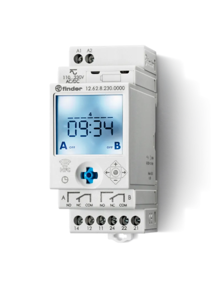 Interruptor horario digital NFC, semanal, intervalo 1 minuto, 2 contactos conmutados, 16A, 230Vac - Finder 12.62.8.230.0000