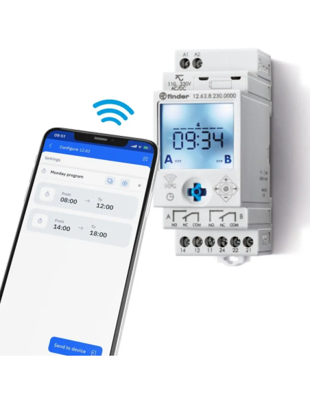 NFC digital time switch, weekly, 1 minute interval, 2 changeover contacts, 16A, 230Vac, series 12 - Finder 12.62.8.230.0000