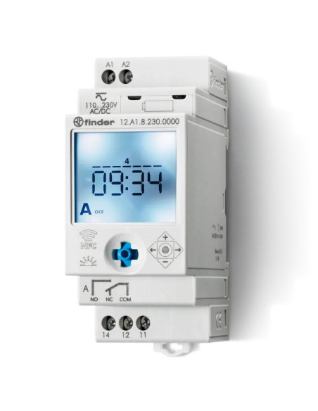 NFC digitale astronomische schakelaar, wekelijks, 1 minuut interval, SPST, 16A, 230Vac, 12 series - Finder 12.A1.8.230.0000
