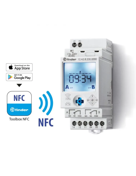 Interrupteur astronomique numérique NFC, hebdomadaire, 2 contacts inverseurs, 16A, 12/24V, série 12 - Finder 12.A2.0.024.0000