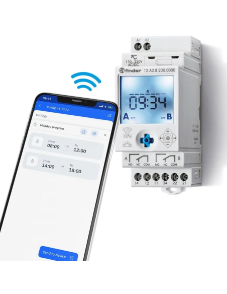 NFC digitale astronomische schakelaar, wekelijks, 1 minuut interval, DPDT, 16A, 12/24V, serie 12 - Finder 12.A2.0.024.0000