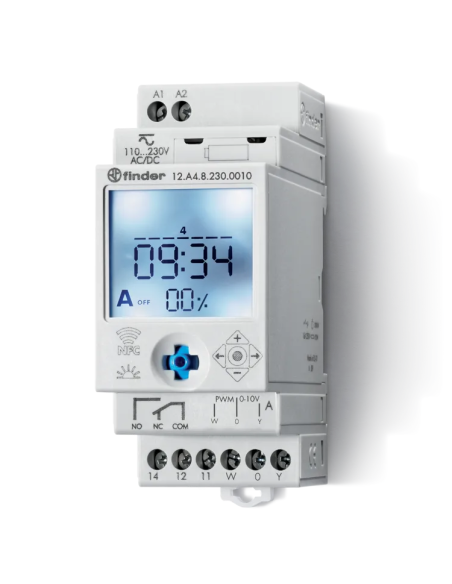 NFC astronomische schakelaar, wekelijks, analoge uitgang 0-10 V of PWM, SPST, 16A, 230Vac, 12 series - Finder 12.A4.8.230.0010
