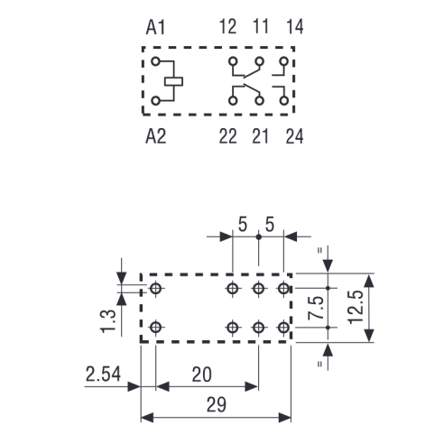 Relè a basso profilo, 12 Vdc, DPDT, 8...
