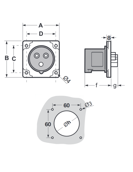 Flush-mounted industrial plug, 230V, 2P+E, 16A, IP54, 75x75mm - Rosi 1001107