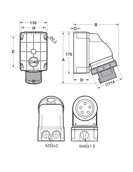 Prise murale industrielle, 380V, 3P+N+E, 63A, IP67 - Rosi 1001069