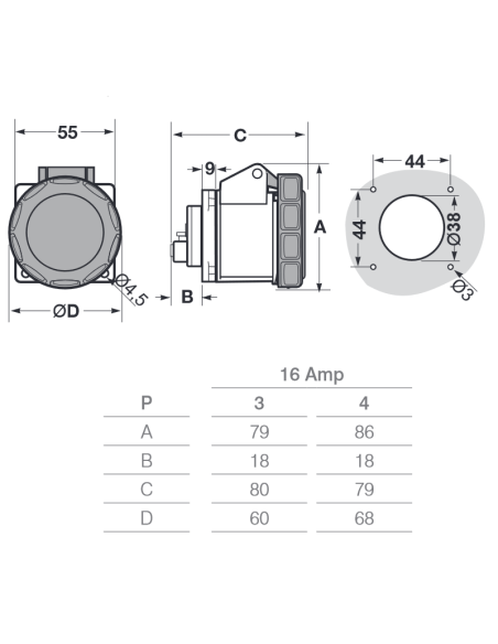 Presa industriale da incasso, 230V, 2P+T, 16A, IP67, 55x55mm - Rosi 1001352S