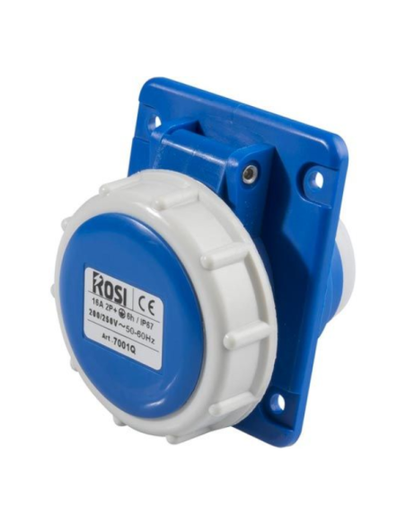 Toma industrial empotrada, 230V, 2P+E, 16A, IP67, 75x75mm, 10° acodada - Rosi 1007001Q