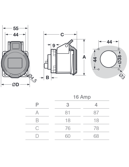 Toma industrial empotrada, 380V, 3P+E, 16A, IP54, 55x55mm - Rosi 1001305S