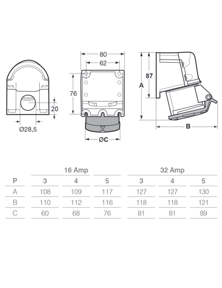 Stopcontact industrie, 380V, 3P+N+E, 16A, IP54 - Rosi 1002545
