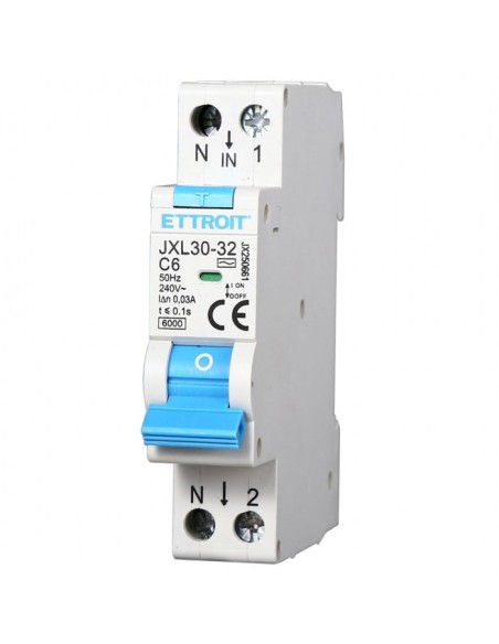 Disjoncteur à courant résiduel 1P+N, 1 module, 230Vac, 6A, 30mA, 6KA - Ettroit JX250661