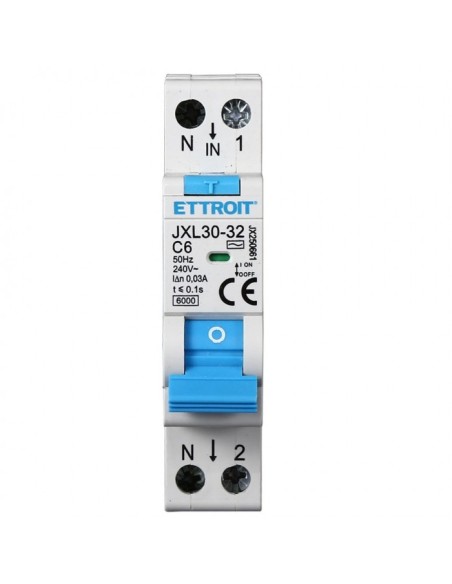 Interruttore magnetotermico differenziale 1P+N, 1 modulo, 230Vac, 6A, 30mA, 6KA - Ettroit JX250661