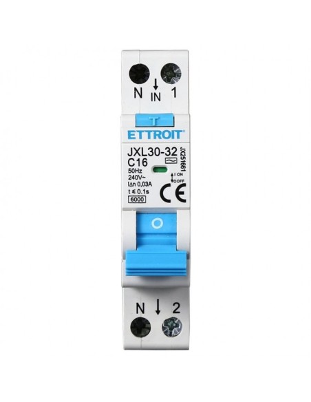 Disjoncteur à courant résiduel 1P+N, 1 module, 230Vac, 16A, 30mA, 6KA - Ettroit JX251661