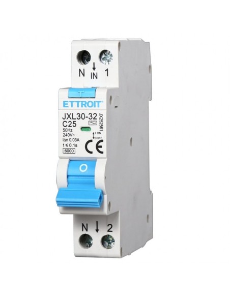 Disjoncteur à courant résiduel 1P+N, 1 module, 230Vac, 25A, 30mA, 6KA - Ettroit JX2561