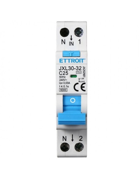 Disjoncteur à courant résiduel 1P+N, 1 module, 230Vac, 25A, 30mA, 6KA - Ettroit JX2561